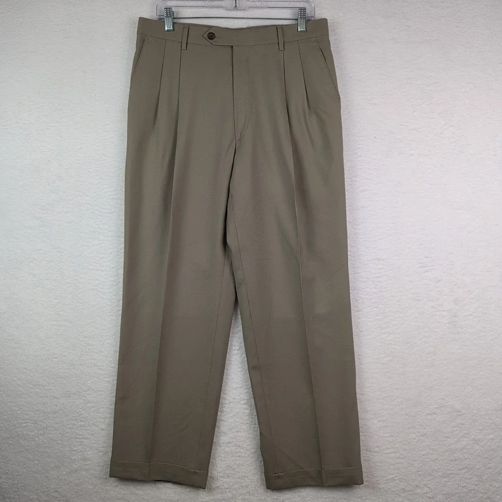 Berle Pants Mens 35R Tan Wool Dress Pleated Cuffed Straight 33x29.5
